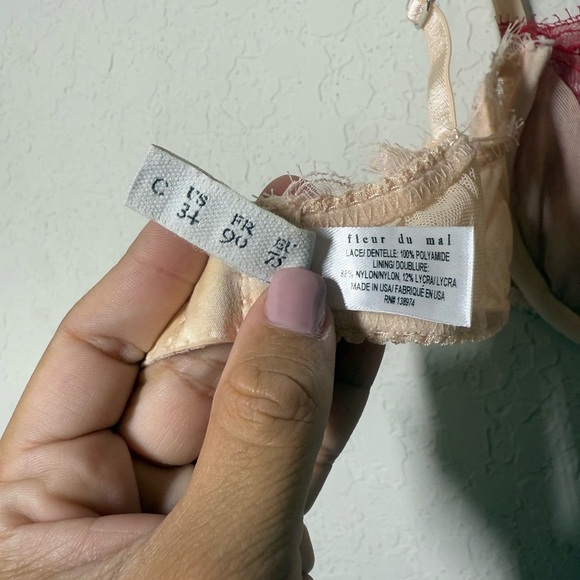 Fleur Du Mal Rose Lace Unlined Demi Bra Sz US 34C - Picture 7 of 9